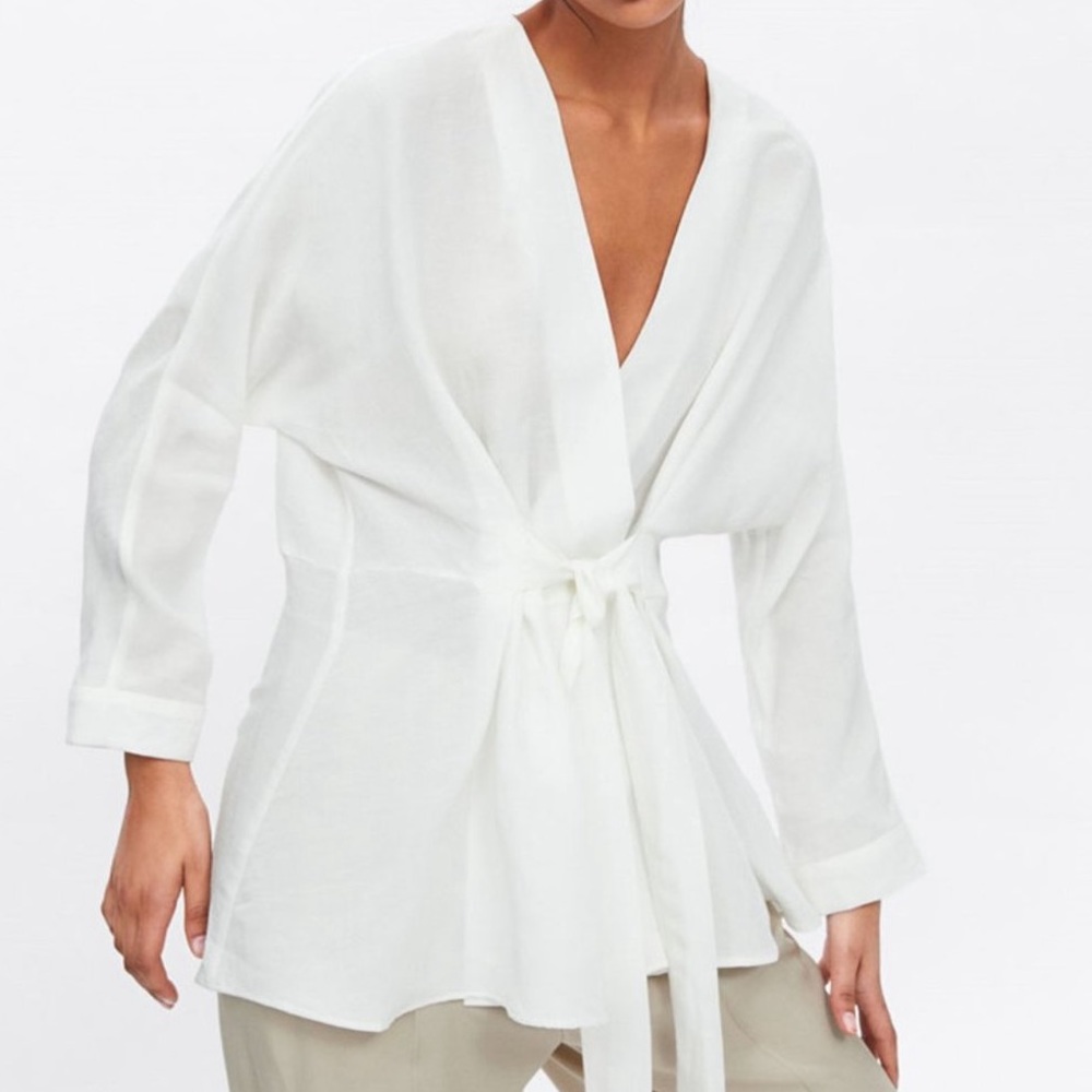 ZARA 100% LINEN WHITE V NECK WRAP BOW TIE BLOUSE